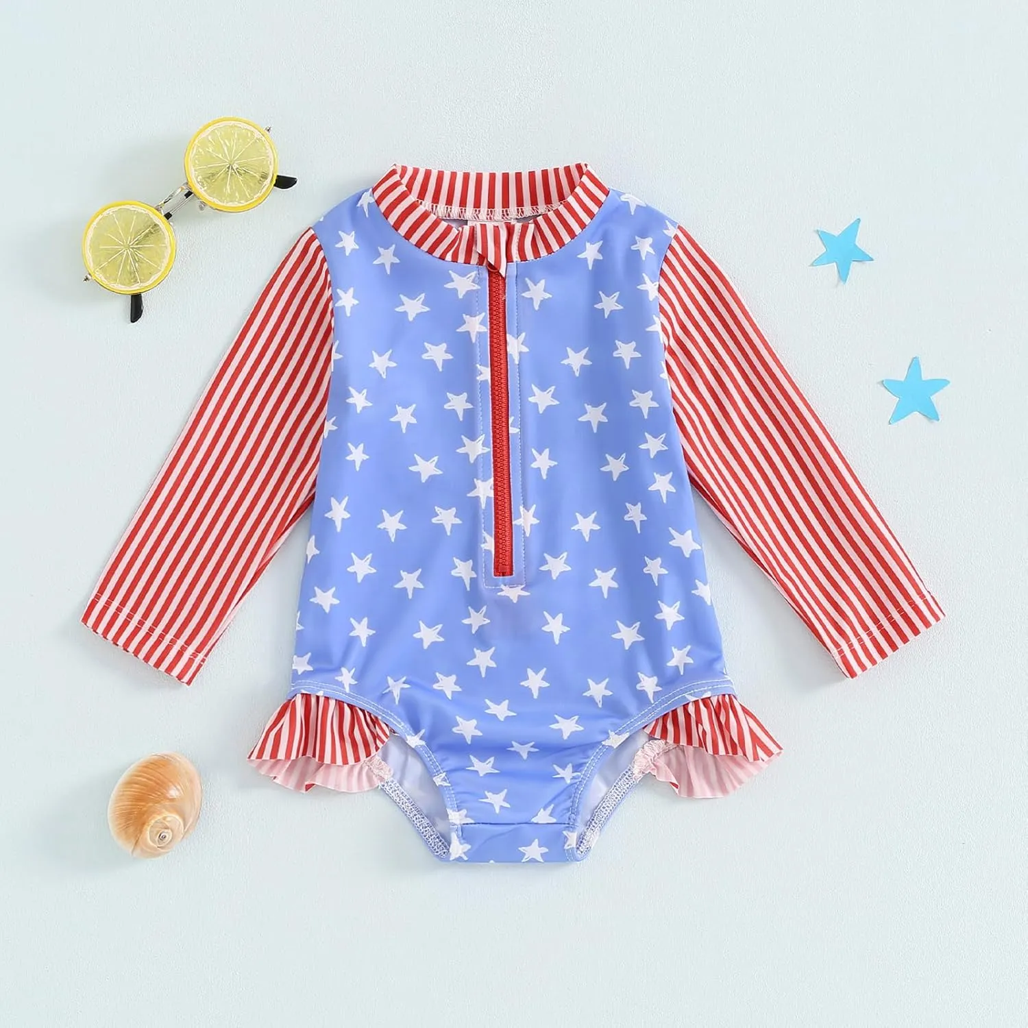 Baby Girl One Piece Swimsuit Floral Long Sleeve Zipper Ruffle Swimwear Rash Guard Beach Bathing Suit Sunsuit