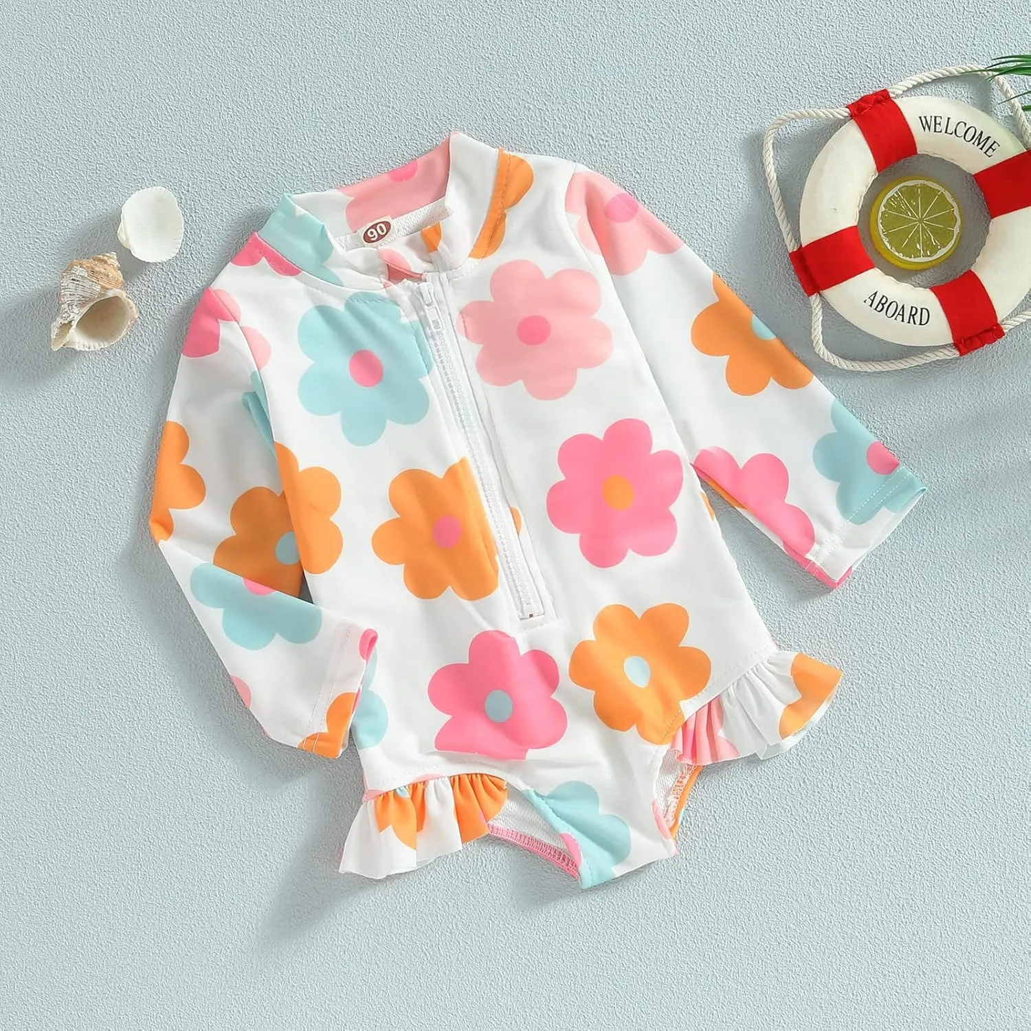 Baby Girl One Piece Swimsuit Floral Long Sleeve Zipper Ruffle Swimwear Rash Guard Beach Bathing Suit Sunsuit