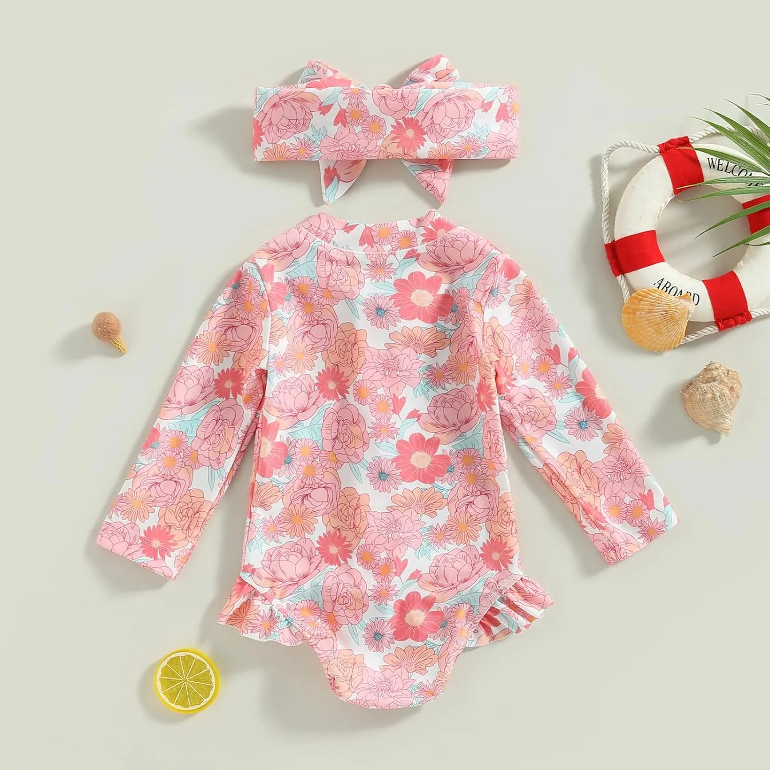 Baby Girl One Piece Swimsuit Floral Long Sleeve Zipper Ruffle Swimwear Rash Guard Beach Bathing Suit Sunsuit