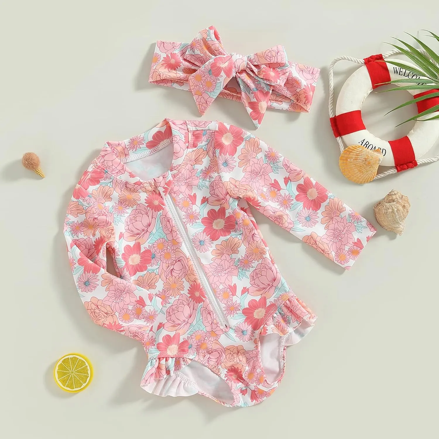 Baby Girl One Piece Swimsuit Floral Long Sleeve Zipper Ruffle Swimwear Rash Guard Beach Bathing Suit Sunsuit