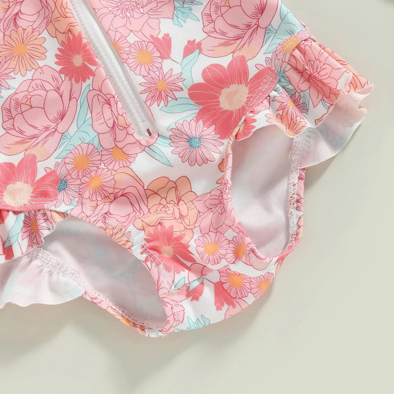 Baby Girl One Piece Swimsuit Floral Long Sleeve Zipper Ruffle Swimwear Rash Guard Beach Bathing Suit Sunsuit