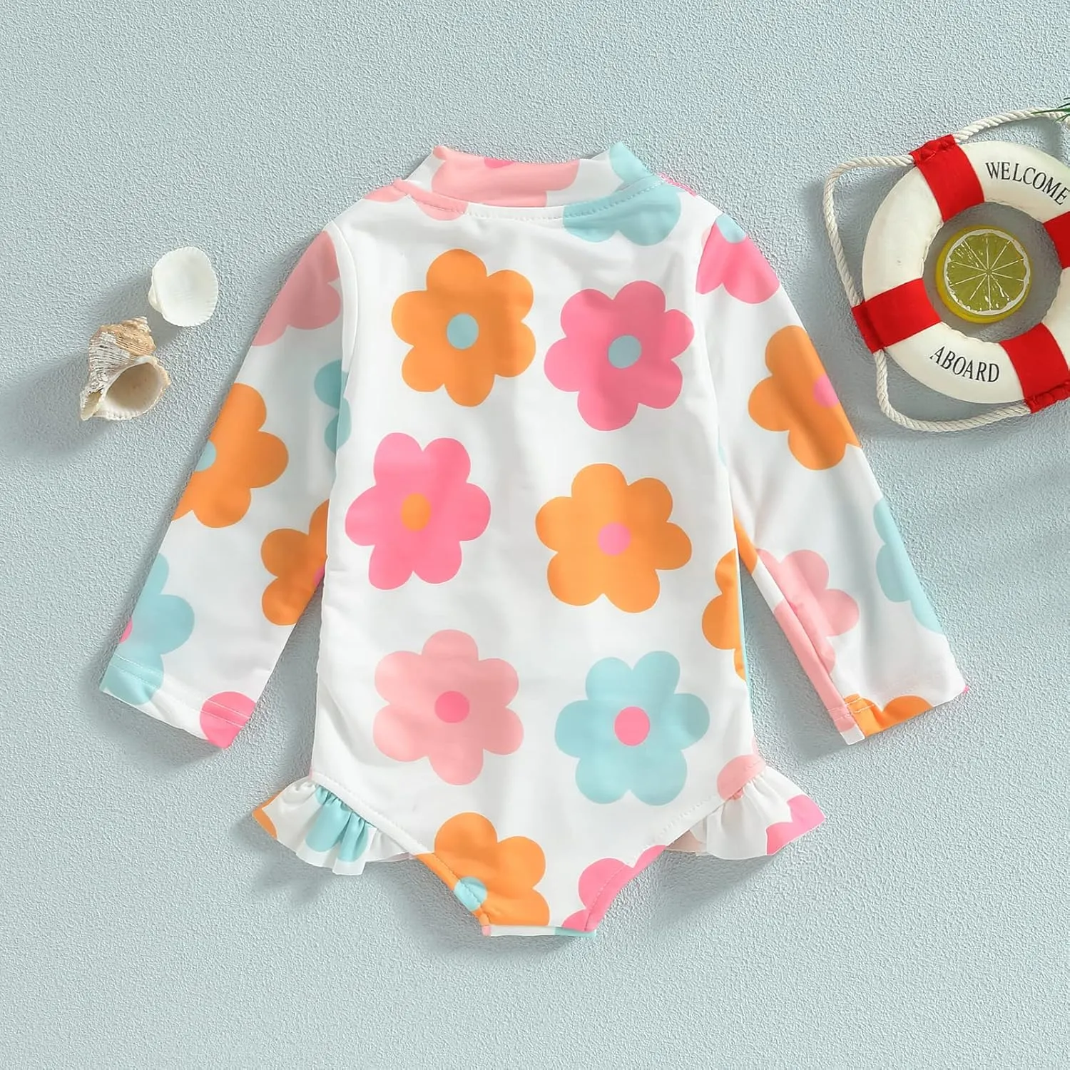 Baby Girl One Piece Swimsuit Floral Long Sleeve Zipper Ruffle Swimwear Rash Guard Beach Bathing Suit Sunsuit