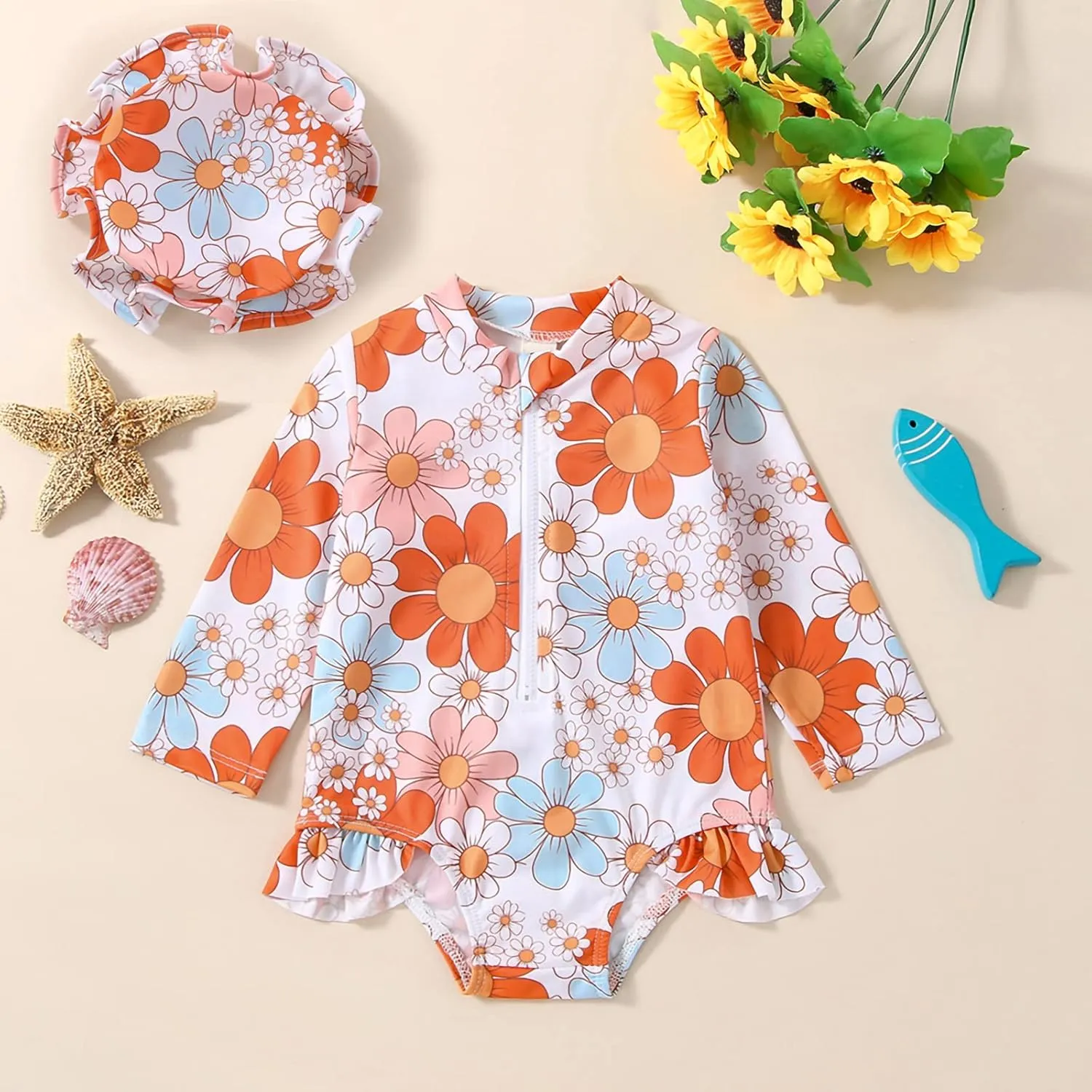 Baby Girl One Piece Swimsuit Floral Long Sleeve Zipper Ruffle Swimwear Rash Guard Beach Bathing Suit Sunsuit