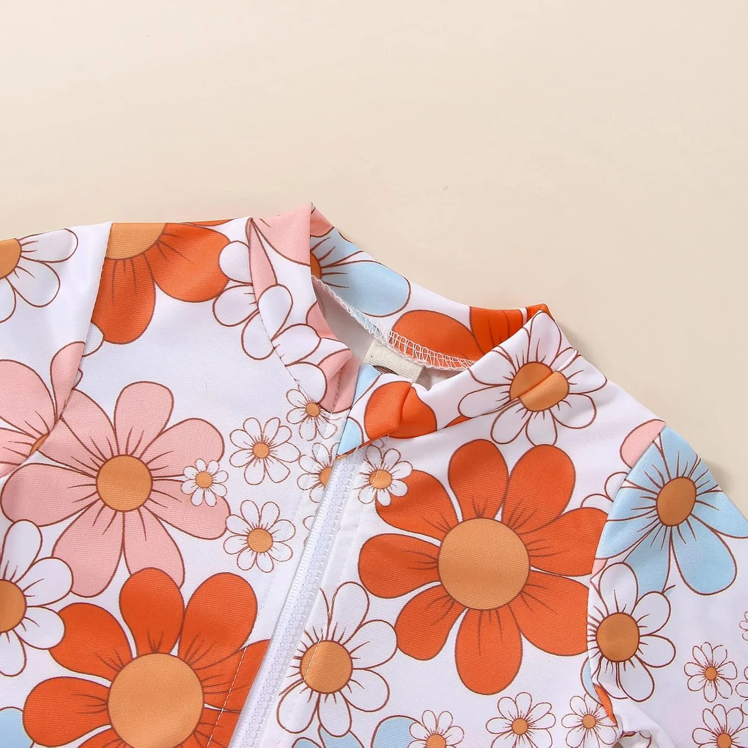 Baby Girl One Piece Swimsuit Floral Long Sleeve Zipper Ruffle Swimwear Rash Guard Beach Bathing Suit Sunsuit