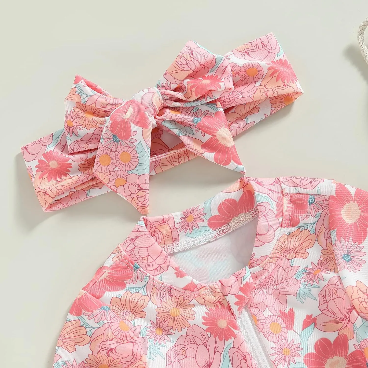 Baby Girl One Piece Swimsuit Floral Long Sleeve Zipper Ruffle Swimwear Rash Guard Beach Bathing Suit Sunsuit