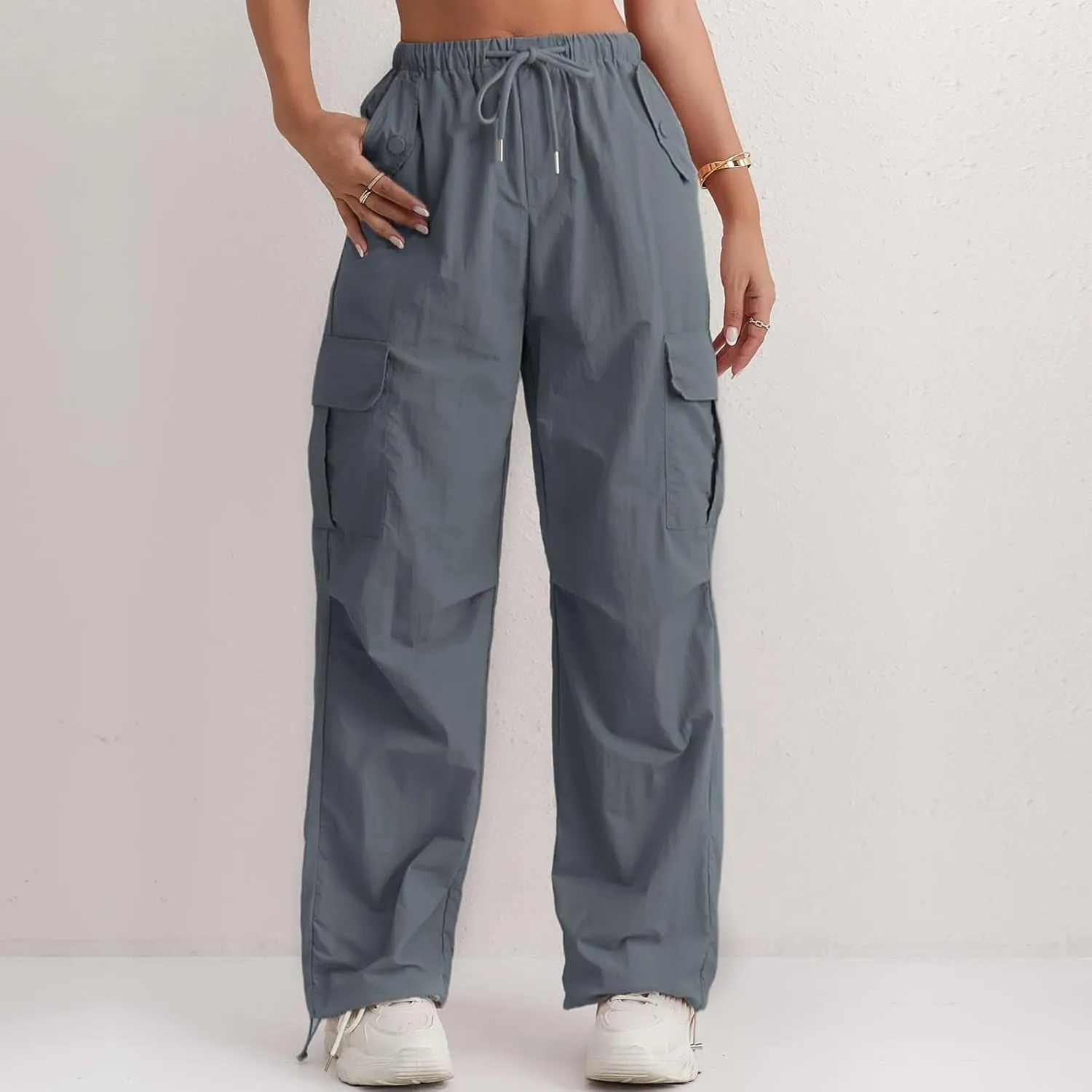 Baggy Cargo Pants Women Drawstring High Waisted Waterproof Hiking Pants Summer Wide Leg Tactical Pants with Pockets