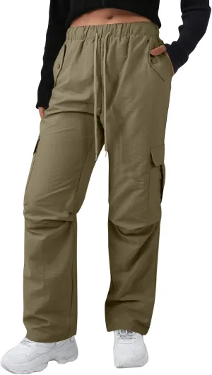 Baggy Cargo Pants Women Drawstring High Waisted Waterproof Hiking Pants Summer Wide Leg Tactical Pants with Pockets
