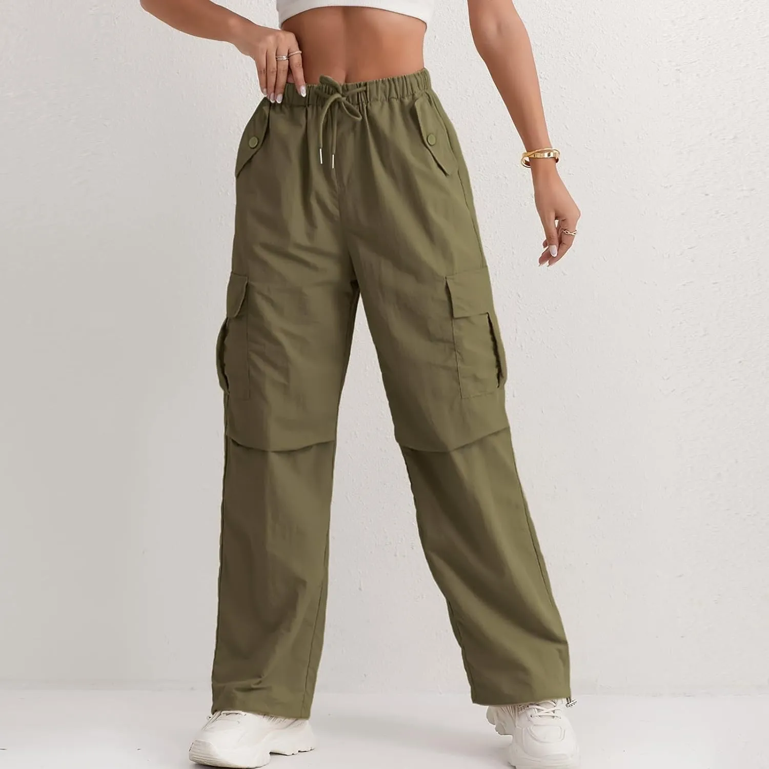 Baggy Cargo Pants Women Drawstring High Waisted Waterproof Hiking Pants Summer Wide Leg Tactical Pants with Pockets