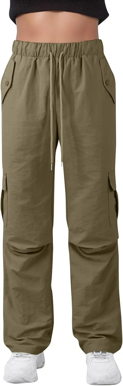 Baggy Cargo Pants Women Drawstring High Waisted Waterproof Hiking Pants Summer Wide Leg Tactical Pants with Pockets