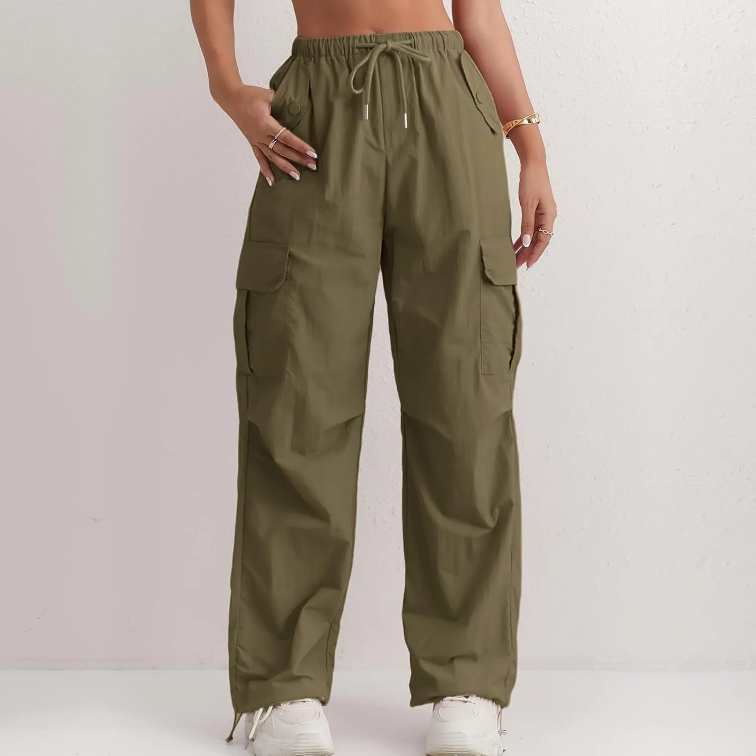 Baggy Cargo Pants Women Drawstring High Waisted Waterproof Hiking Pants Summer Wide Leg Tactical Pants with Pockets