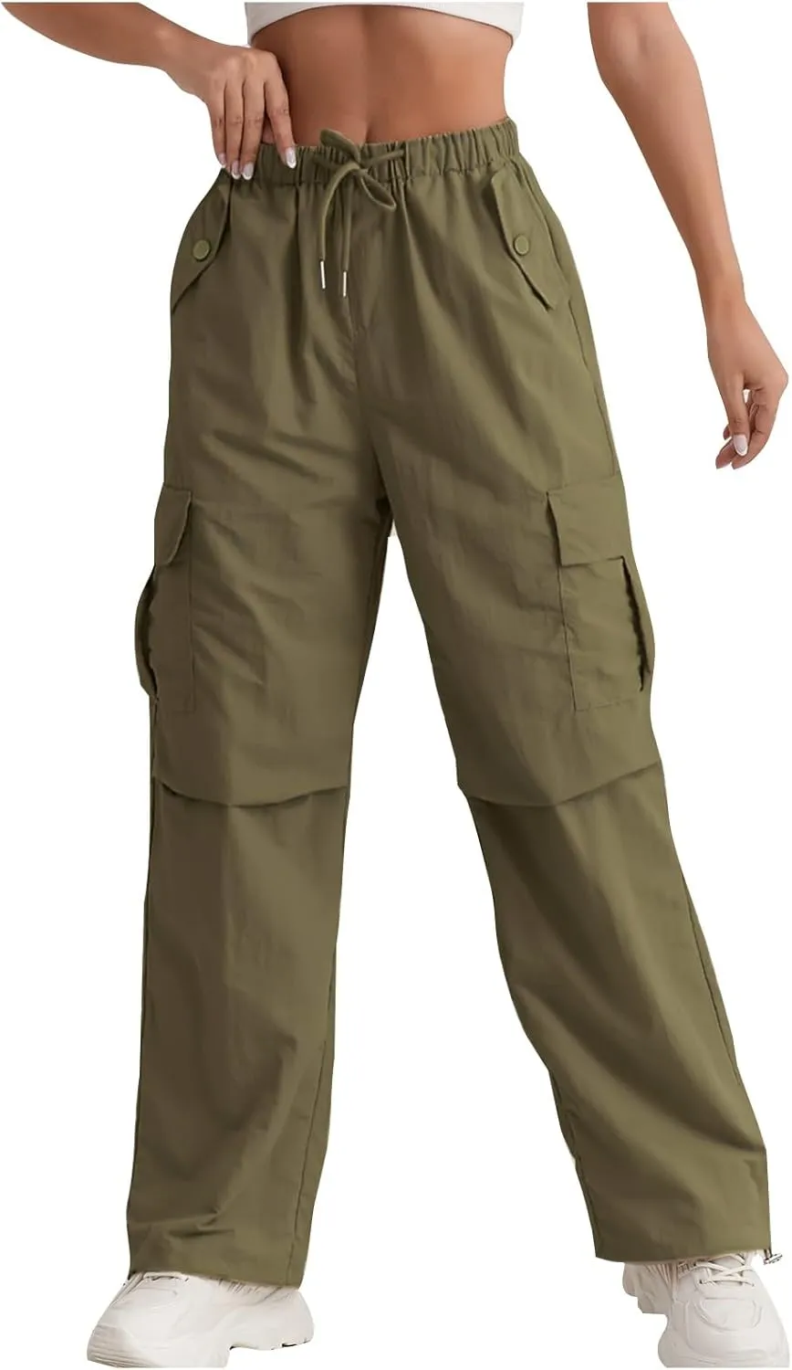 Baggy Cargo Pants Women Drawstring High Waisted Waterproof Hiking Pants Summer Wide Leg Tactical Pants with Pockets