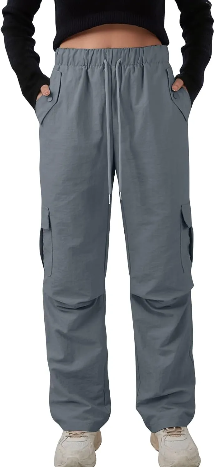 Baggy Cargo Pants Women Drawstring High Waisted Waterproof Hiking Pants Summer Wide Leg Tactical Pants with Pockets
