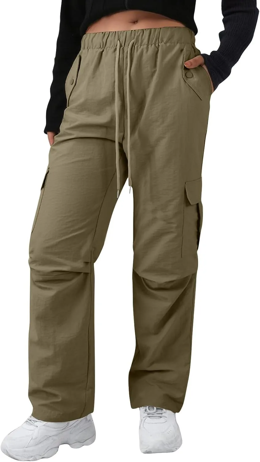 Baggy Cargo Pants Women Drawstring High Waisted Waterproof Hiking Pants Summer Wide Leg Tactical Pants with Pockets