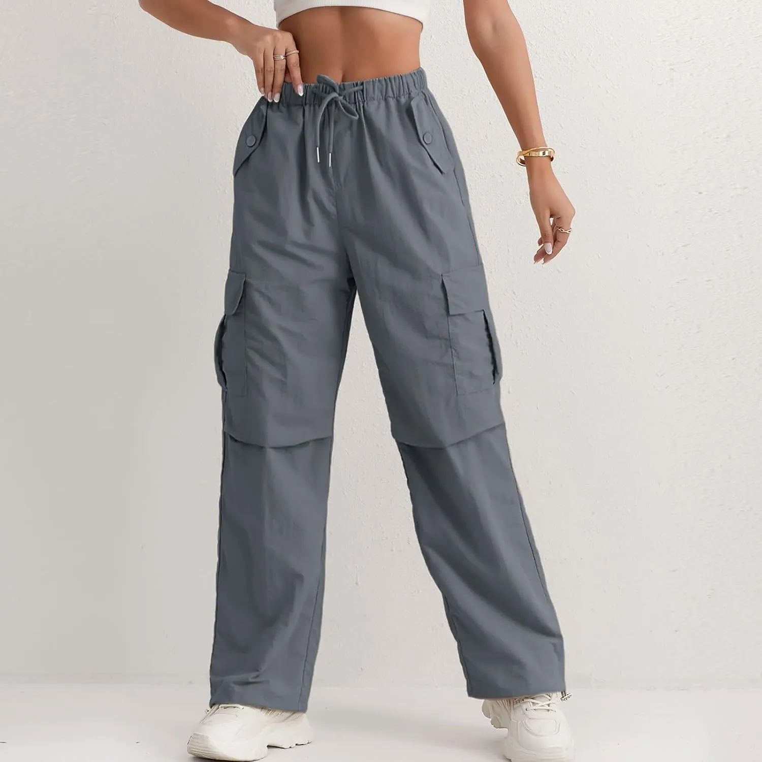 Baggy Cargo Pants Women Drawstring High Waisted Waterproof Hiking Pants Summer Wide Leg Tactical Pants with Pockets