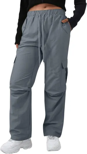 Baggy Cargo Pants Women Drawstring High Waisted Waterproof Hiking Pants Summer Wide Leg Tactical Pants with Pockets