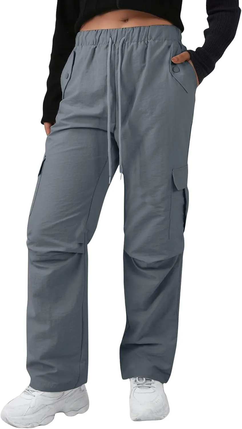 Baggy Cargo Pants Women Drawstring High Waisted Waterproof Hiking Pants Summer Wide Leg Tactical Pants with Pockets