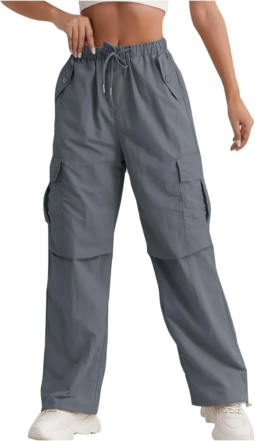 Baggy Cargo Pants Women Drawstring High Waisted Waterproof Hiking Pants Summer Wide Leg Tactical Pants with Pockets
