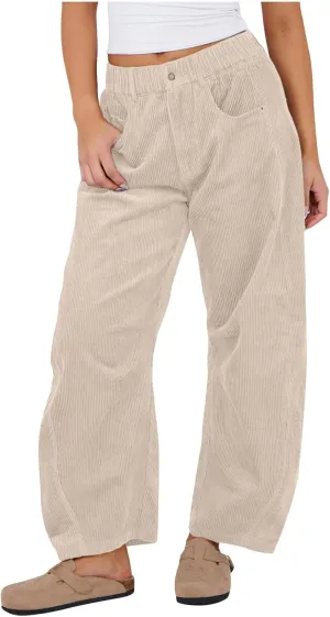 Baggy Corduroy Pants for Women Trendy Loose Elastic Waist Fall Pant Comfy Solid Wide Leg Slacks Vintage Trousers