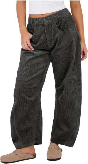 Baggy Corduroy Pants for Women Trendy Loose Elastic Waist Fall Pant Comfy Solid Wide Leg Slacks Vintage Trousers