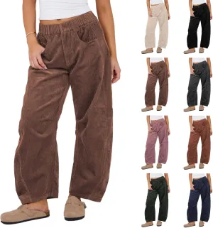 Baggy Corduroy Pants for Women Trendy Loose Elastic Waist Fall Pant Comfy Solid Wide Leg Slacks Vintage Trousers