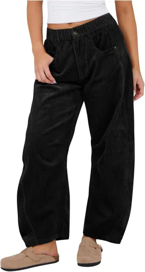 Baggy Corduroy Pants for Women Trendy Loose Elastic Waist Fall Pant Comfy Solid Wide Leg Slacks Vintage Trousers