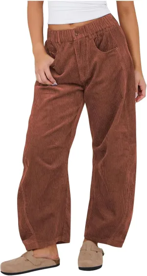 Baggy Corduroy Pants for Women Trendy Loose Elastic Waist Fall Pant Comfy Solid Wide Leg Slacks Vintage Trousers
