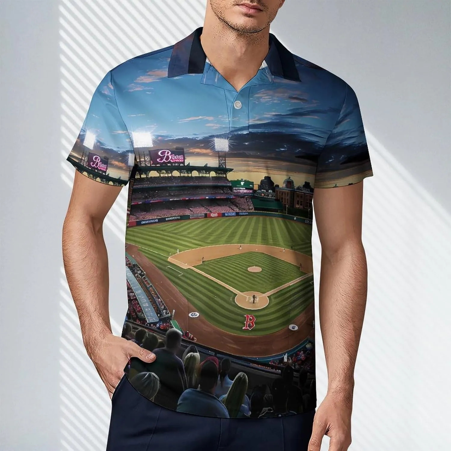 Baseball Ballpark Cityscape Men's Polo Shirt Short Sleeve Print T Shirt Slim Fit Golf Shirt Collared Tee Casual Top