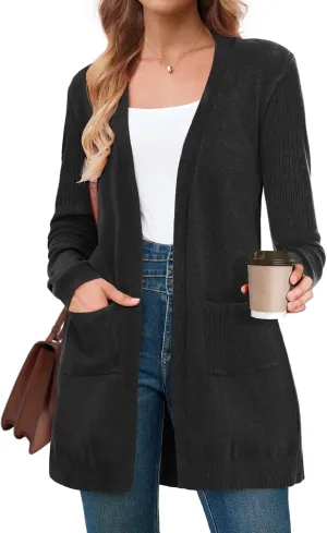 BB&KK Cardigan Sweaters for Women Knit Ribbed Long Sleeve Open Front Casual Winter Lightweight Cardigans with Pockets