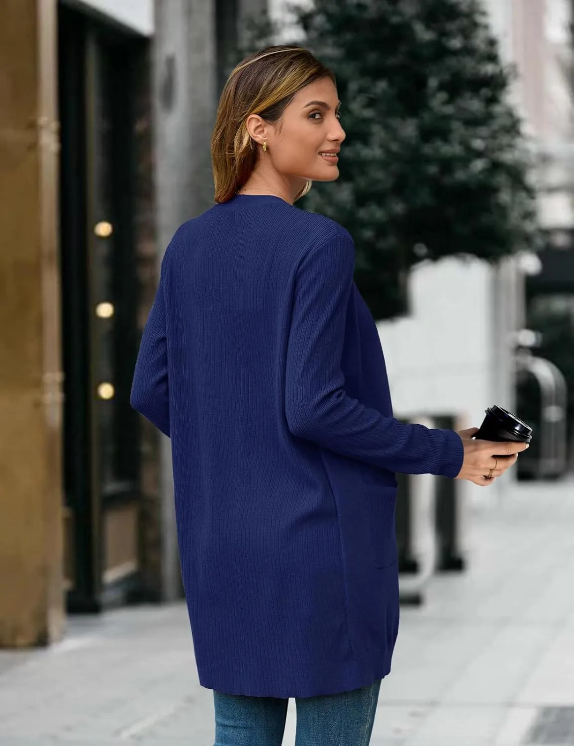 BB&KK Cardigan Sweaters for Women Knit Ribbed Long Sleeve Open Front Casual Winter Lightweight Cardigans with Pockets