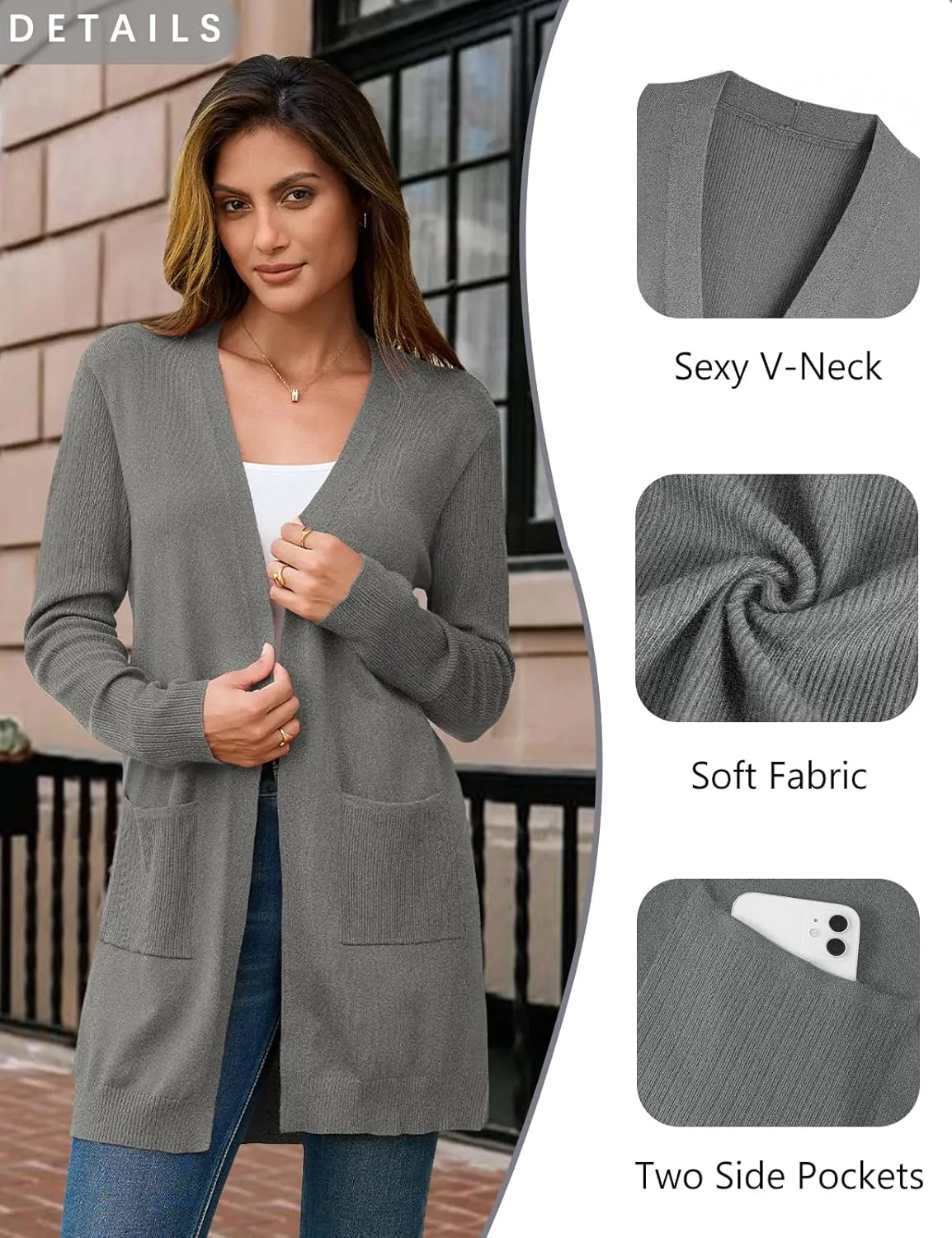 BB&KK Cardigan Sweaters for Women Knit Ribbed Long Sleeve Open Front Casual Winter Lightweight Cardigans with Pockets