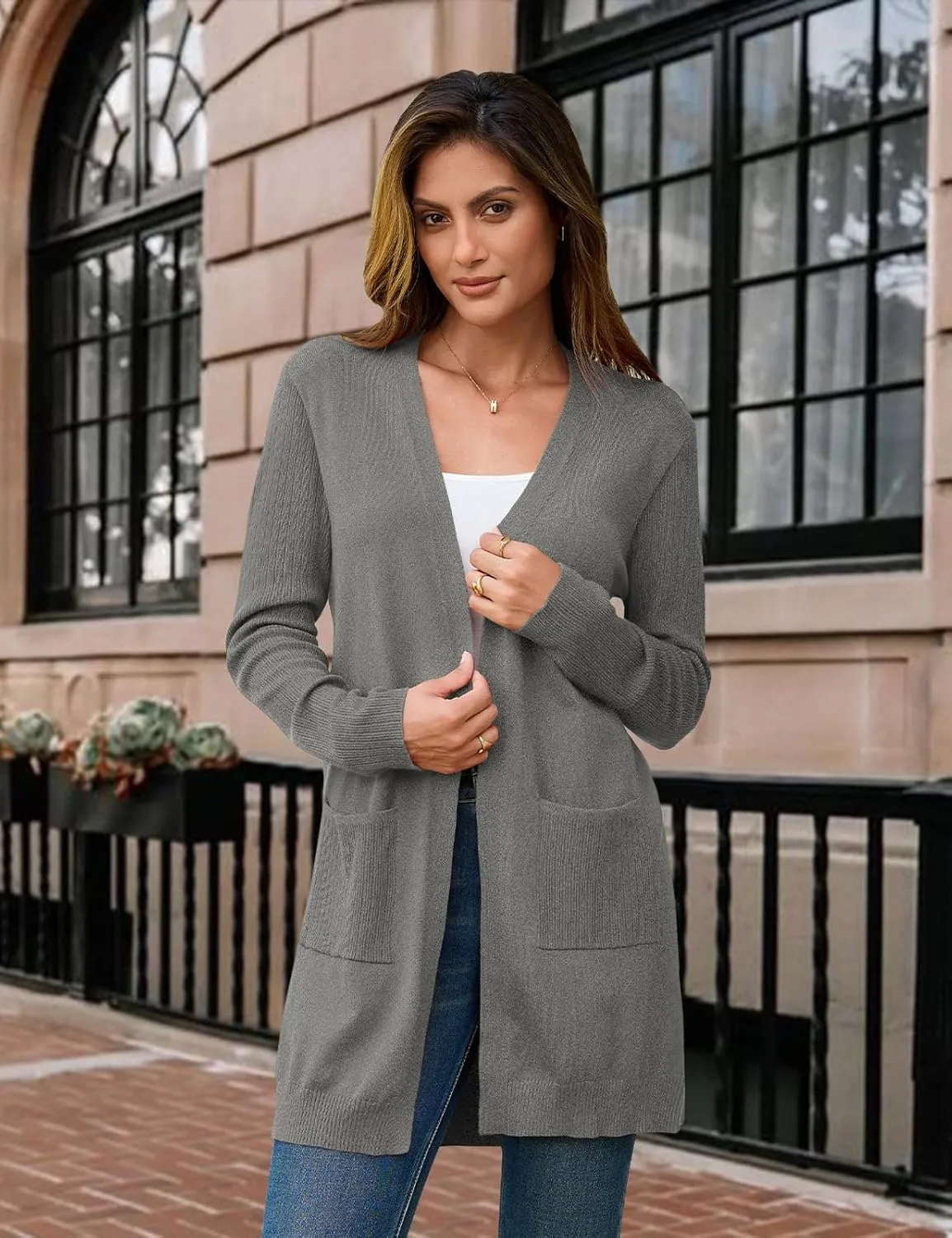 BB&KK Cardigan Sweaters for Women Knit Ribbed Long Sleeve Open Front Casual Winter Lightweight Cardigans with Pockets