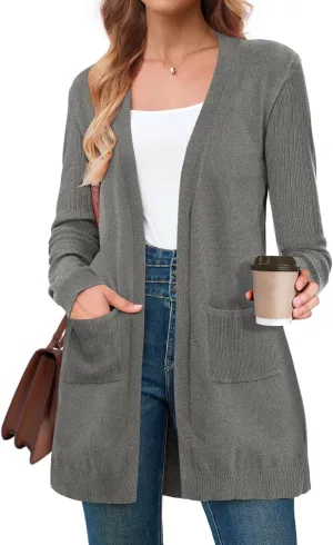 BB&KK Cardigan Sweaters for Women Knit Ribbed Long Sleeve Open Front Casual Winter Lightweight Cardigans with Pockets