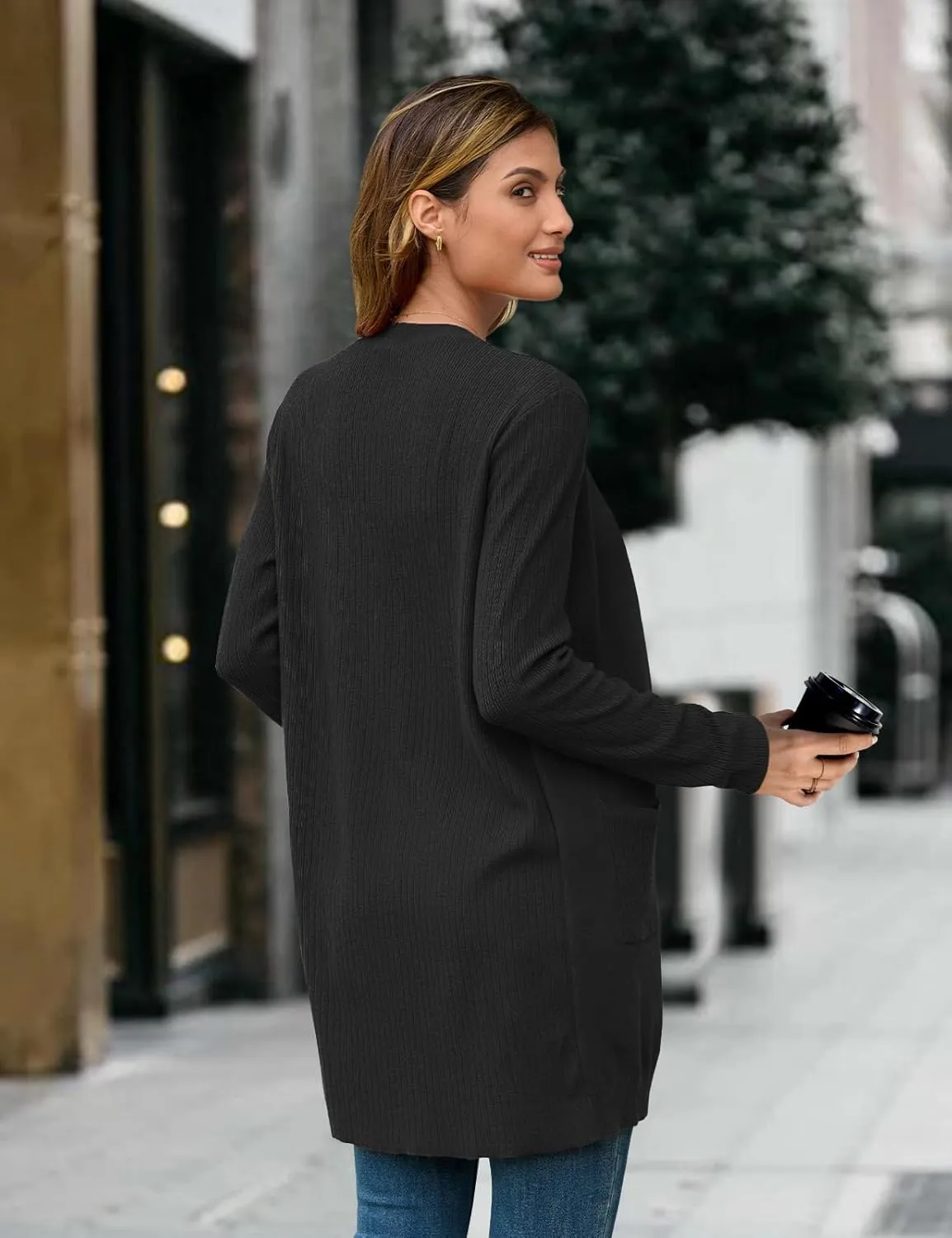 BB&KK Cardigan Sweaters for Women Knit Ribbed Long Sleeve Open Front Casual Winter Lightweight Cardigans with Pockets