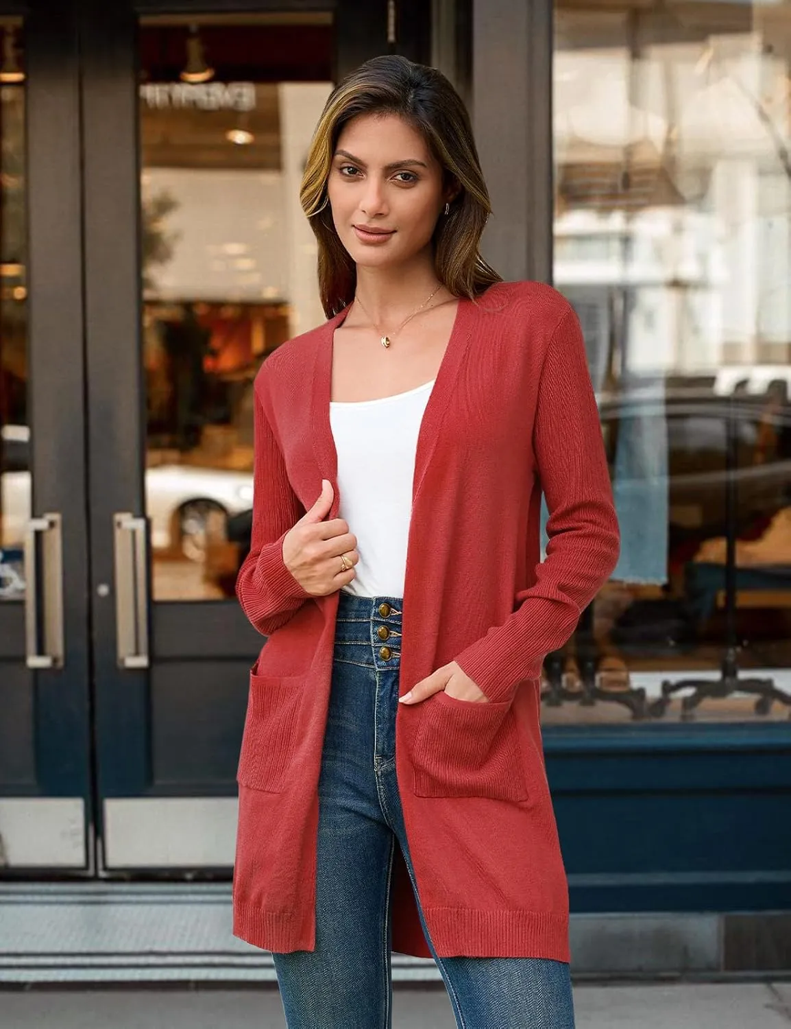 BB&KK Cardigan Sweaters for Women Knit Ribbed Long Sleeve Open Front Casual Winter Lightweight Cardigans with Pockets