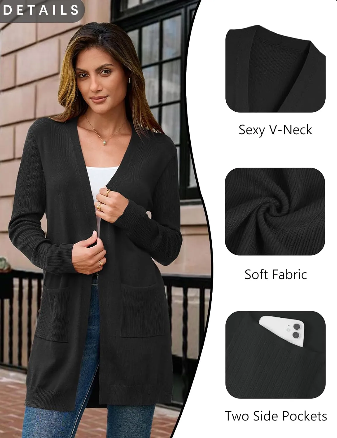 BB&KK Cardigan Sweaters for Women Knit Ribbed Long Sleeve Open Front Casual Winter Lightweight Cardigans with Pockets