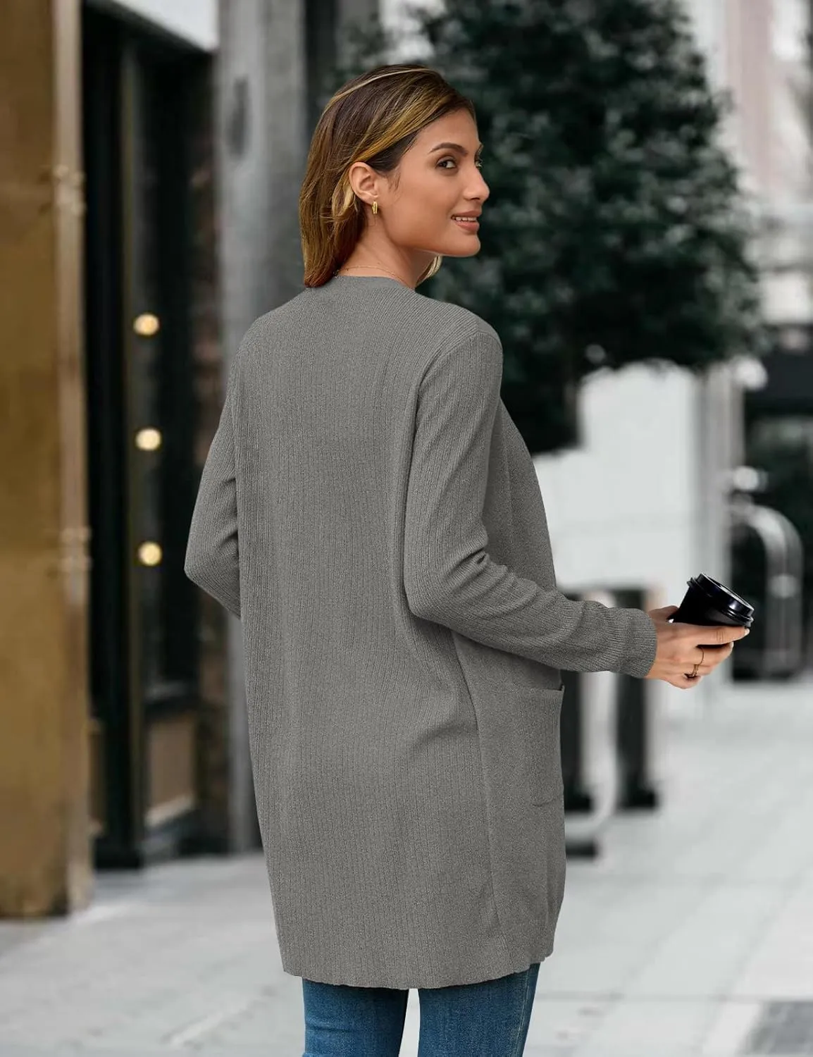 BB&KK Cardigan Sweaters for Women Knit Ribbed Long Sleeve Open Front Casual Winter Lightweight Cardigans with Pockets