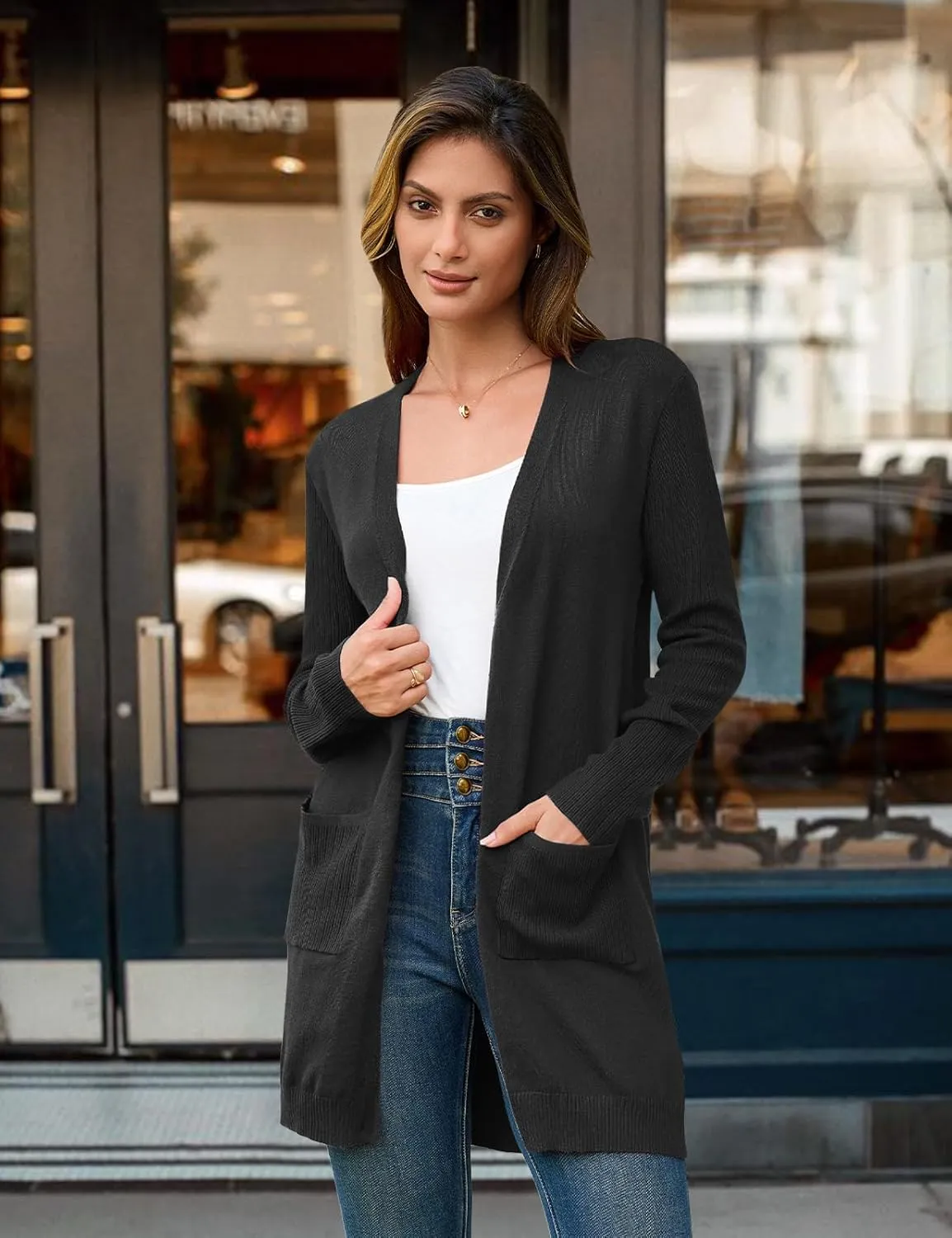 BB&KK Cardigan Sweaters for Women Knit Ribbed Long Sleeve Open Front Casual Winter Lightweight Cardigans with Pockets