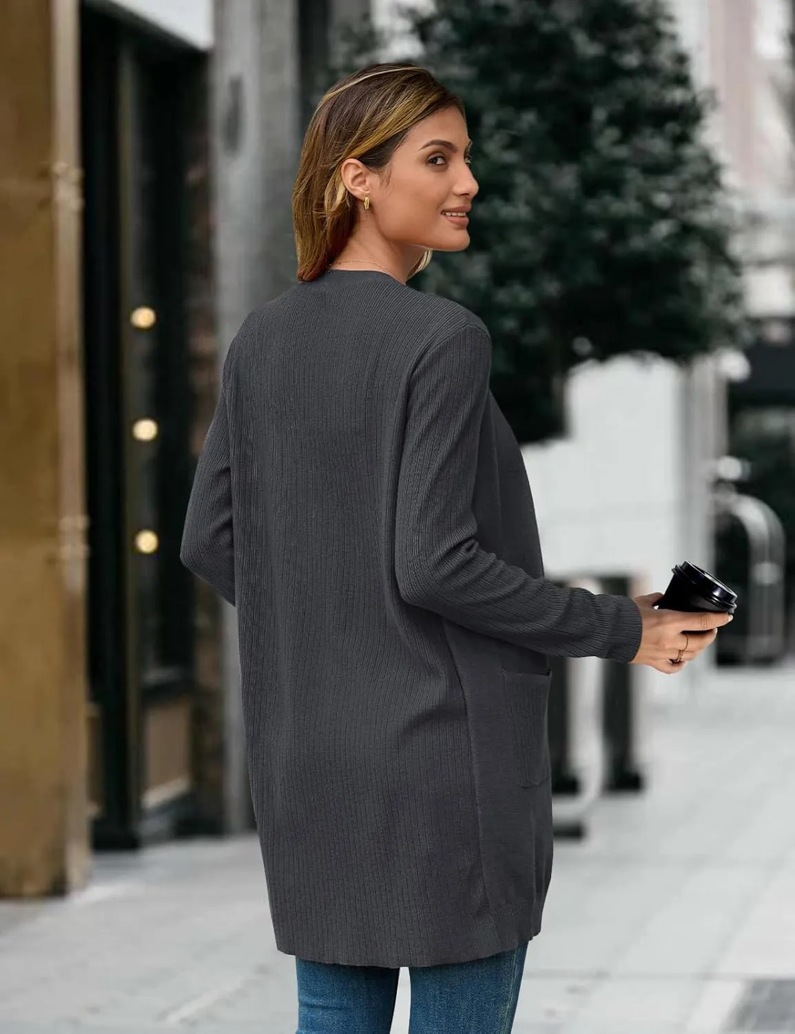 BB&KK Cardigan Sweaters for Women Knit Ribbed Long Sleeve Open Front Casual Winter Lightweight Cardigans with Pockets