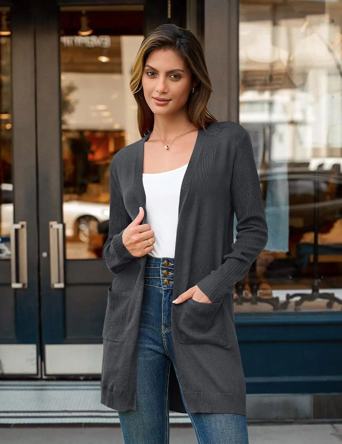 BB&KK Cardigan Sweaters for Women Knit Ribbed Long Sleeve Open Front Casual Winter Lightweight Cardigans with Pockets