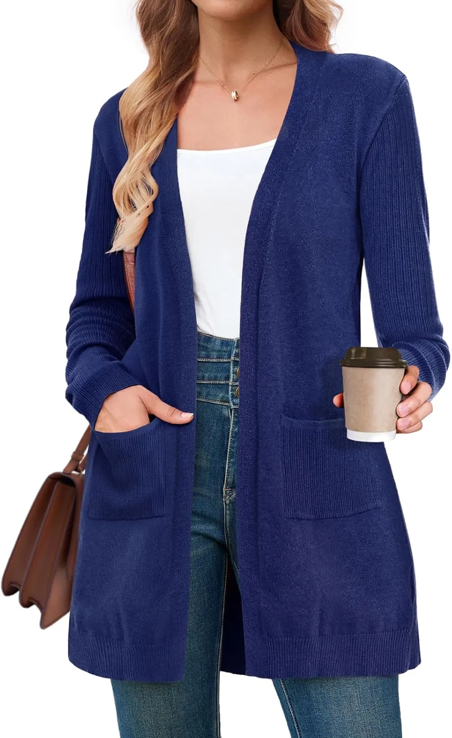 BB&KK Cardigan Sweaters for Women Knit Ribbed Long Sleeve Open Front Casual Winter Lightweight Cardigans with Pockets