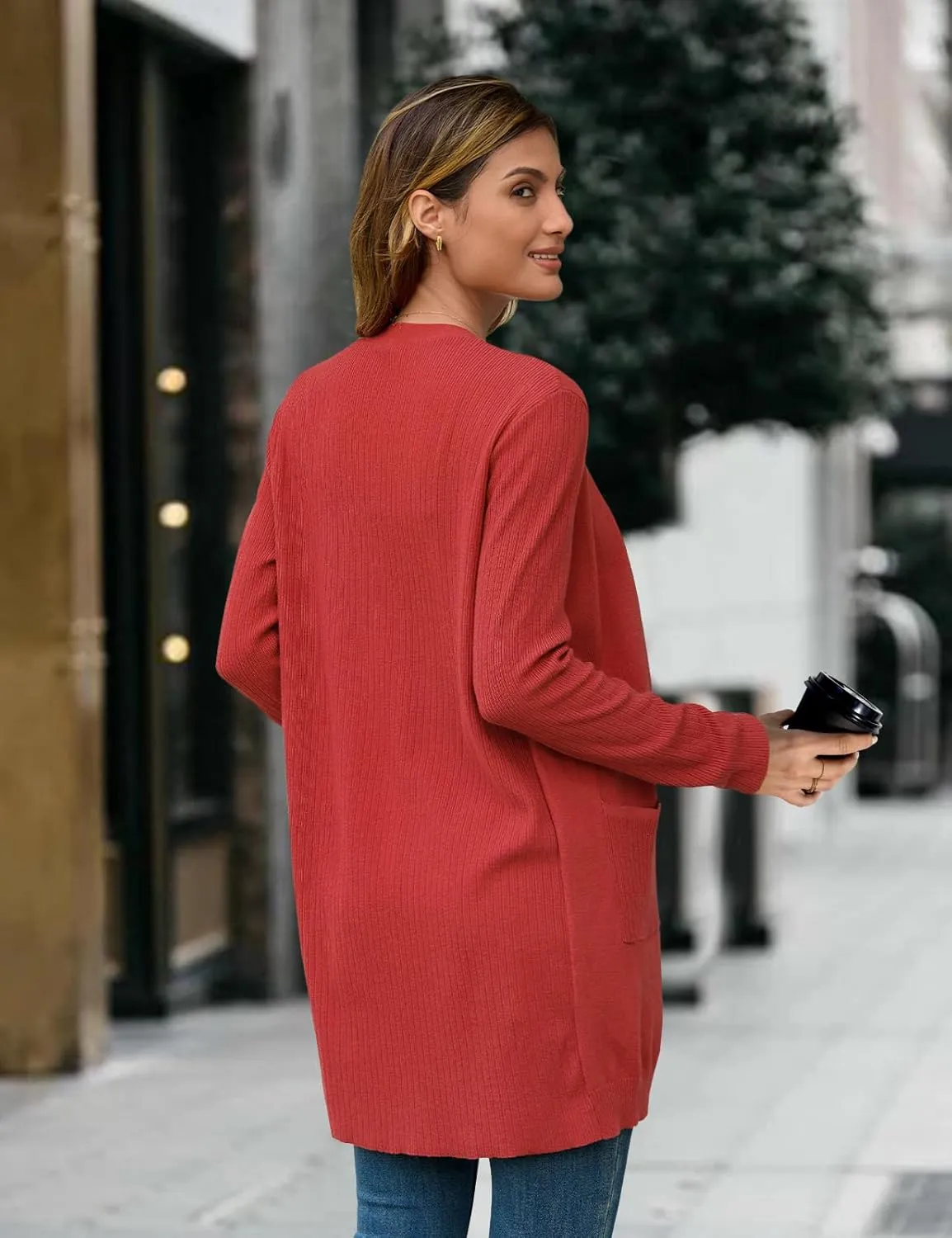 BB&KK Cardigan Sweaters for Women Knit Ribbed Long Sleeve Open Front Casual Winter Lightweight Cardigans with Pockets