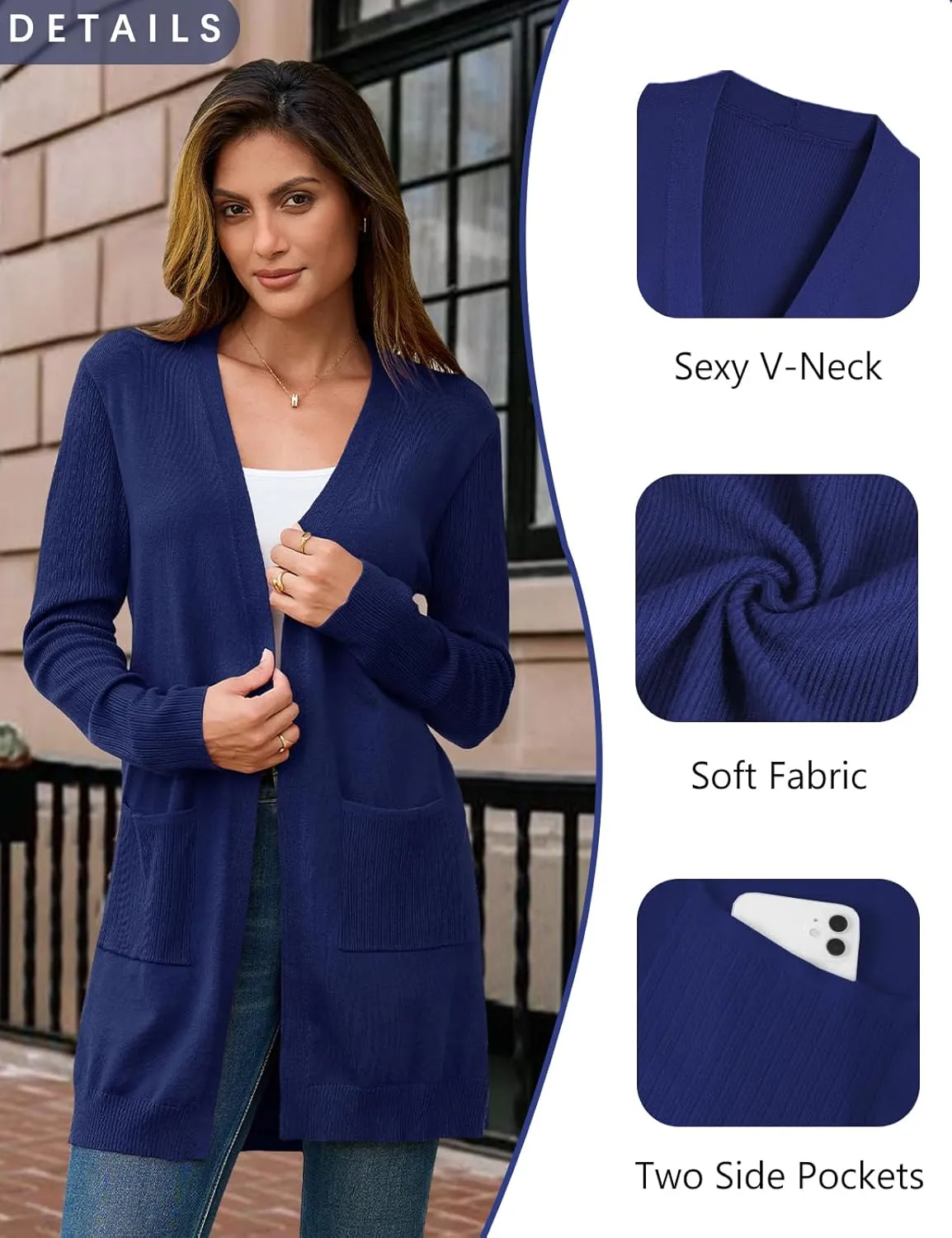 BB&KK Cardigan Sweaters for Women Knit Ribbed Long Sleeve Open Front Casual Winter Lightweight Cardigans with Pockets