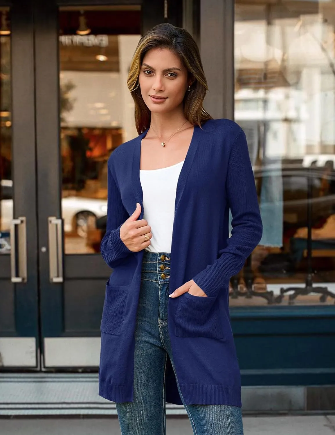 BB&KK Cardigan Sweaters for Women Knit Ribbed Long Sleeve Open Front Casual Winter Lightweight Cardigans with Pockets