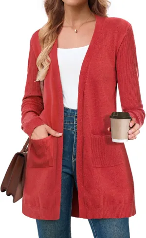 BB&KK Cardigan Sweaters for Women Knit Ribbed Long Sleeve Open Front Casual Winter Lightweight Cardigans with Pockets