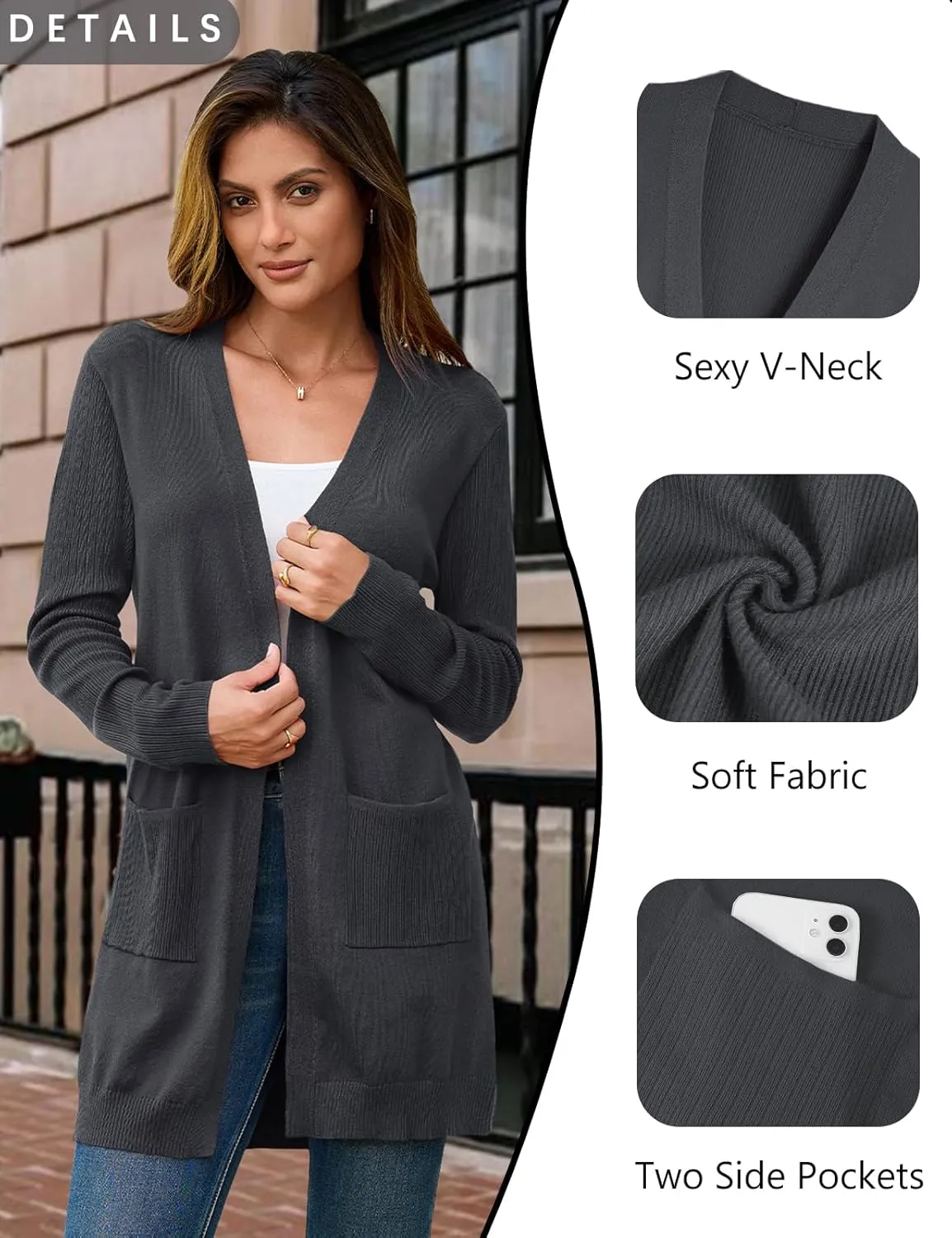 BB&KK Cardigan Sweaters for Women Knit Ribbed Long Sleeve Open Front Casual Winter Lightweight Cardigans with Pockets