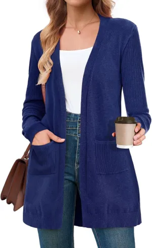 BB&KK Cardigan Sweaters for Women Knit Ribbed Long Sleeve Open Front Casual Winter Lightweight Cardigans with Pockets