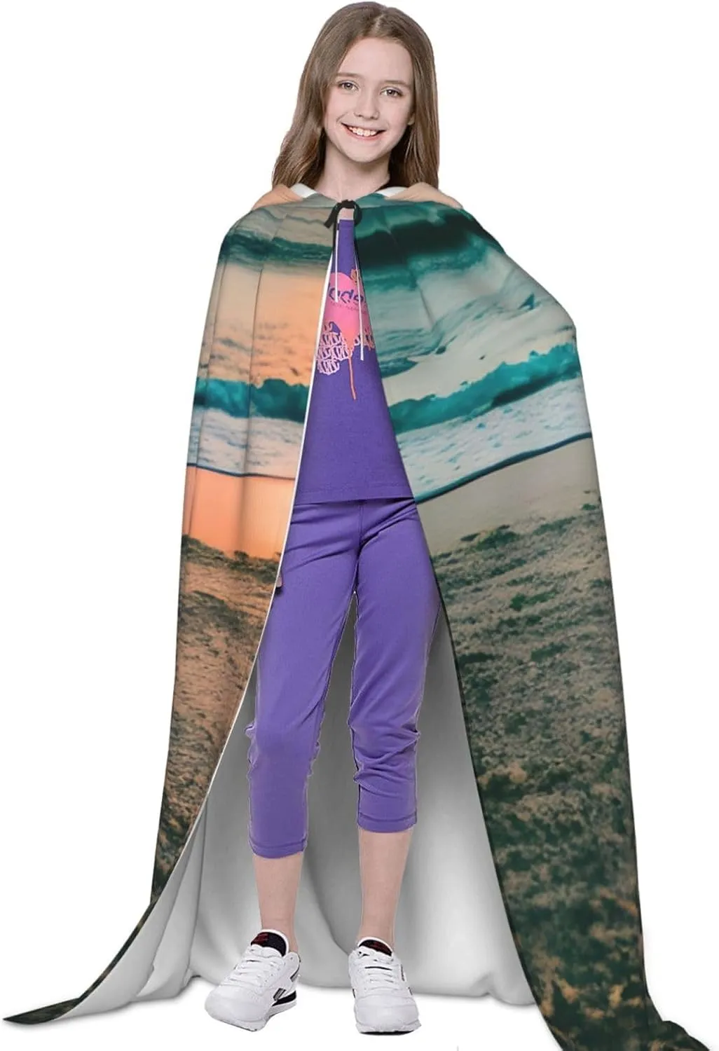 Beach Sunset Theme Hooded Cloak Coat Winter Warm Long Cloak Cosplay Costumes Outerwear Carnivals Hoodies Capes