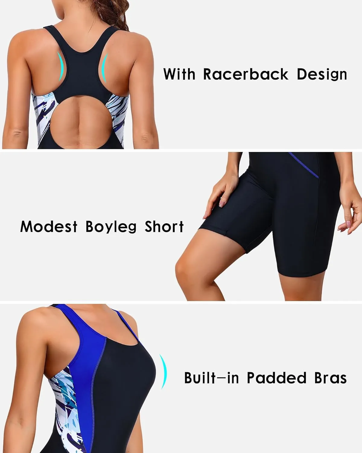 beautyin Women's Boyleg One Piece Swimsuit Racerback Athletic Bathing Suit