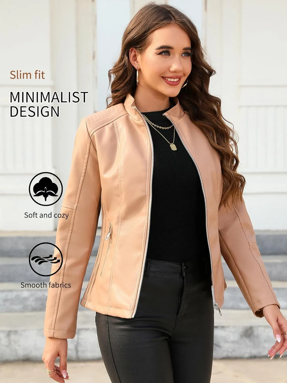 Bellivera Faux Leather Jacket Women Motorcycle Zipper Bomber PU Bike Coat with Pockets
