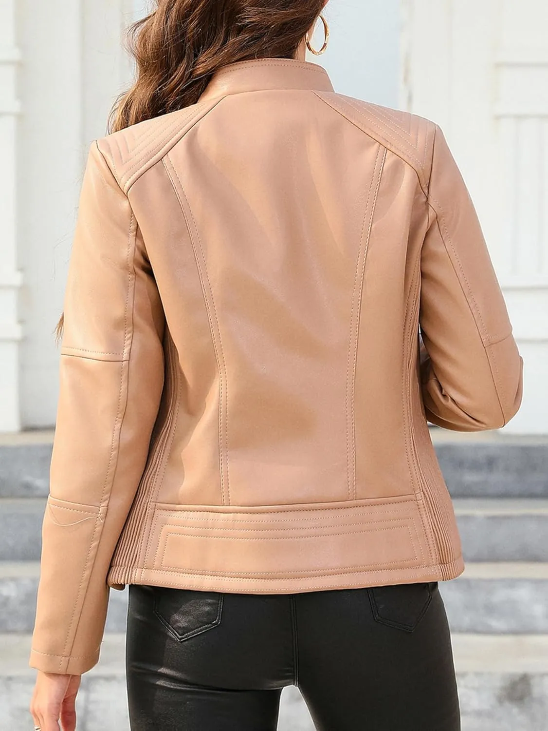 Bellivera Faux Leather Jacket Women Motorcycle Zipper Bomber PU Bike Coat with Pockets